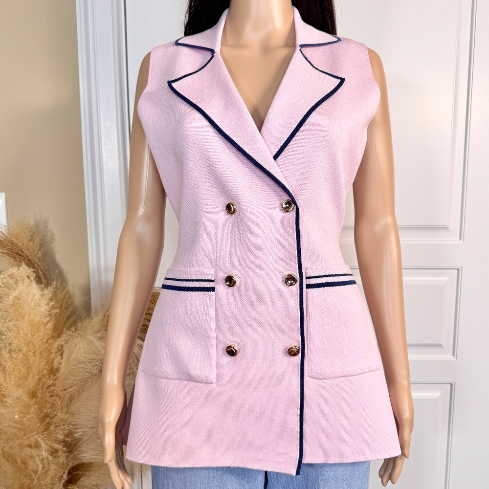 LIGHT PINK BLAZER VEST WITH NAVY BLUE TRIMMING AND POCKETS - Picture 4 of 11
